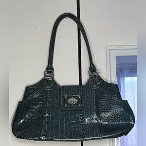 Green Patent Leather Faux Croc Shoulder Bag